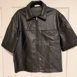Zara Black Short-Sleeve Faux Leather Shirt Jacket